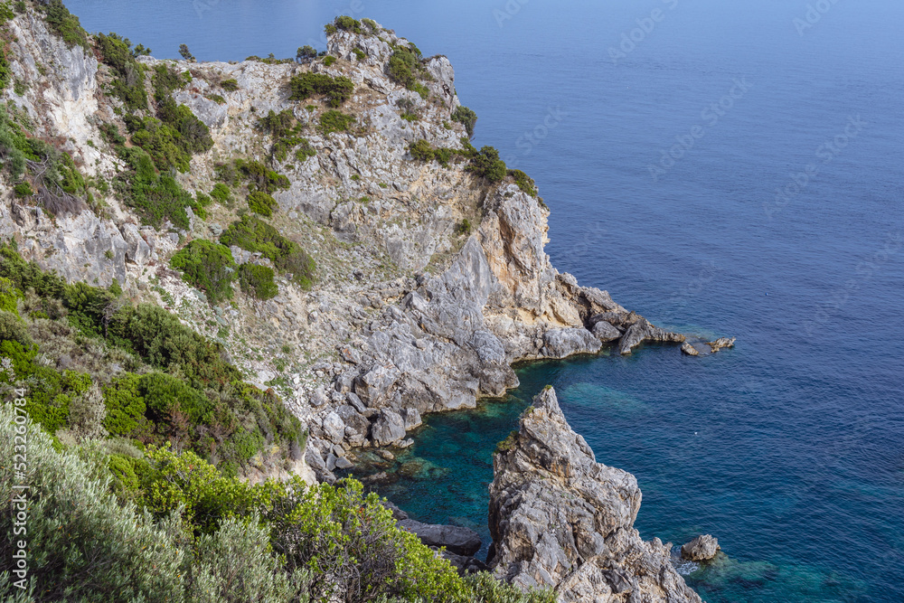 Rocky hills in Palaiokastritsa village, Corfu Island in Greece