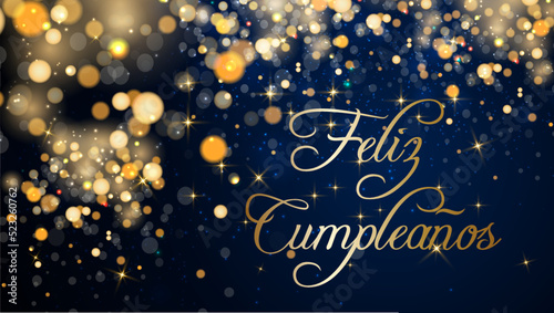 tarjeta o pancarta para desear un feliz cumpleaños en oro sobre un fondo azul degradado con círculos, estrellas y brillo dorado