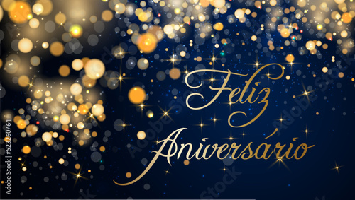 cartão ou banner para desejar um feliz aniversário em ouro em um fundo azul gradiente com círculos, estrelas e glitter dourado