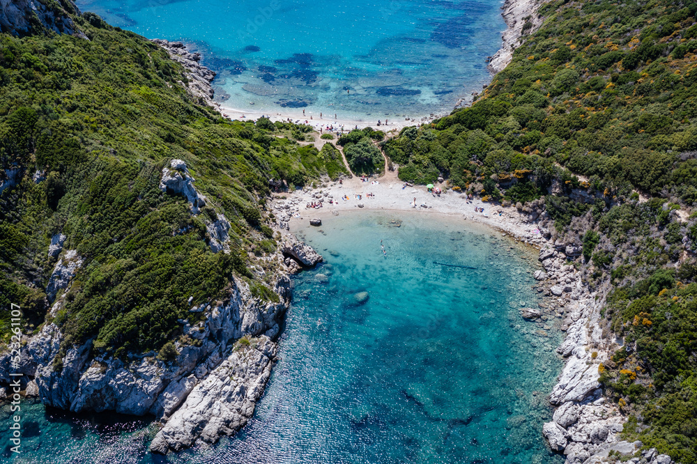 Drone view of Porto Timoni and Limni double beach in Afionas village, Corfu Island, Greece