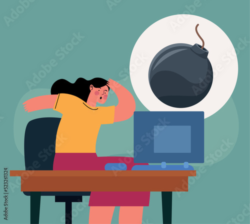 woman with desktop and bomb