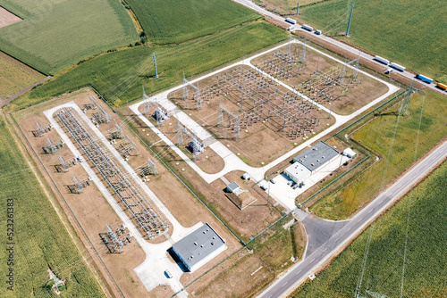 Electrical distribution substation, power lines, aerial view