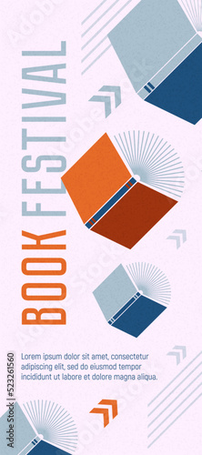 Open books flying with arrows. Background with books for library. Vector minimalism background with textures. Design template for a library, education theme. Concept of striving for success.