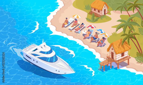 People resting on the summer tropical beach. Isometric tropical island and white boat at the beach vector illustration