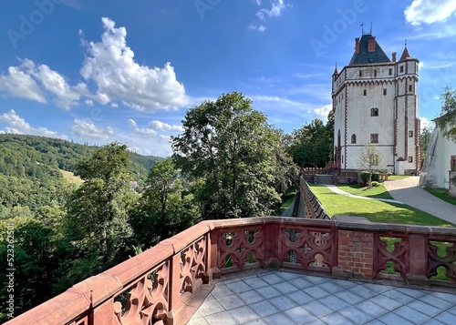 view of the wall and tower of Hradec nad Moravici castle photo