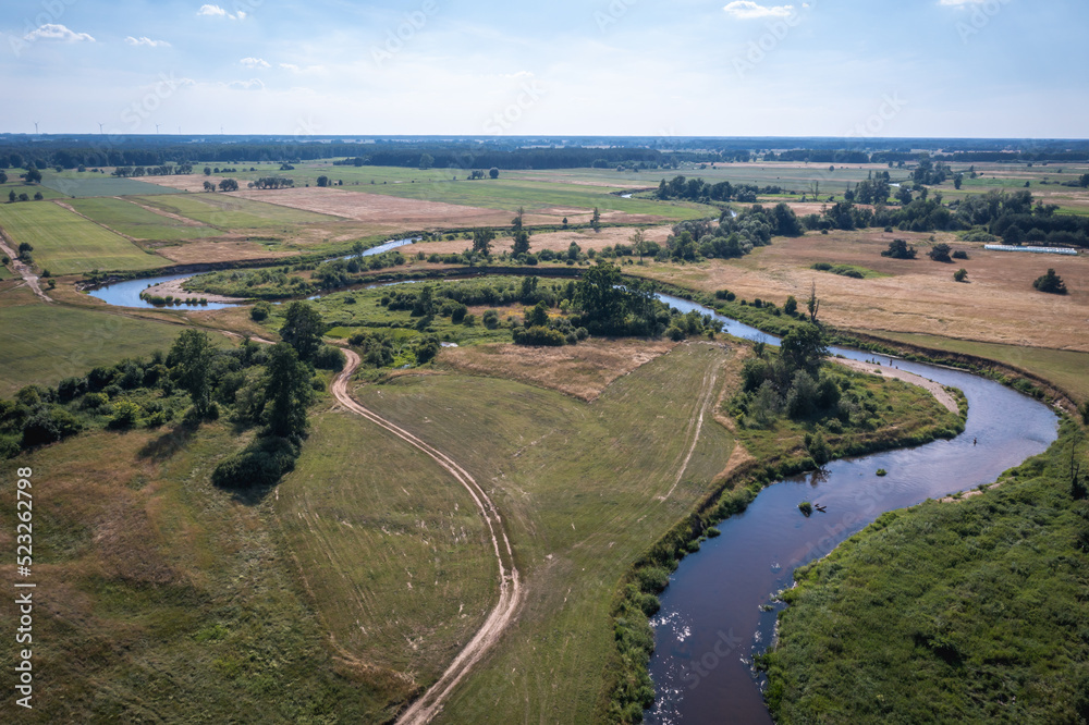 Drone photo of River Liwiec in Borzychy village, Mazowsze region, Poland