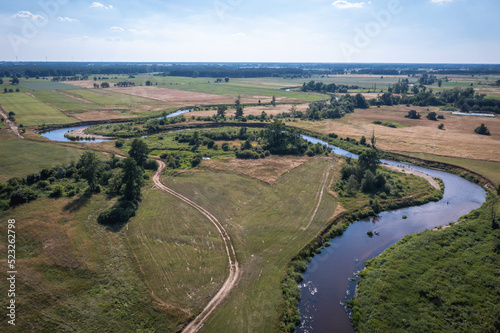Drone photo of River Liwiec in Borzychy village, Mazowsze region, Poland
