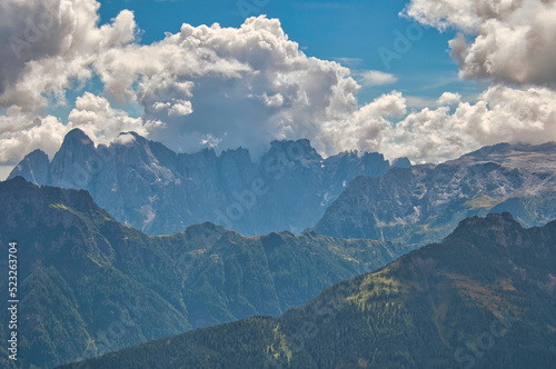 View to Pale di San Martino from the side of Marmolada, Dolomites, Italy