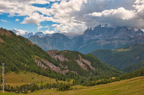 View to Pale di San Martino from the side of Marmolada, Dolomites, Italy