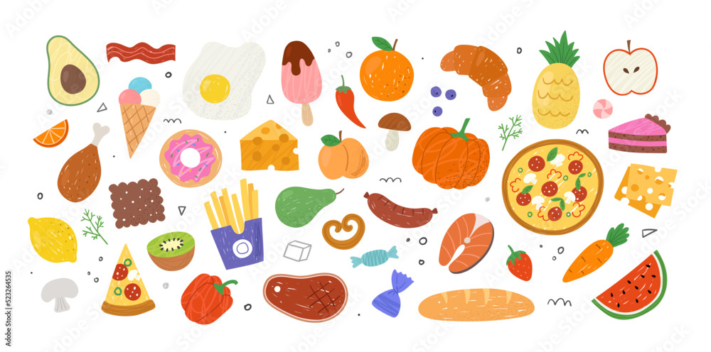 Delicious Food sticker set. Icons with vegetable, fruit, dessert and fast food. Apple and orange, pumpkin and carrot, ice cream and cake, pizza and French fries. Cartoon hand drawn vector collection Delicious Food sticker set. Icons with vegetable, fruit, dessert and fast food. Apple and orange, pumpkin and carrot, ice cream and cake, pizza and French fries. Cartoon hand drawn vector collection