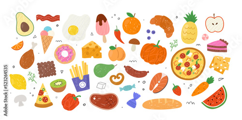 Delicious Food sticker set. Icons with vegetable, fruit, dessert and fast food. Apple and orange, pumpkin and carrot, ice cream and cake, pizza and French fries. Cartoon hand drawn vector collection