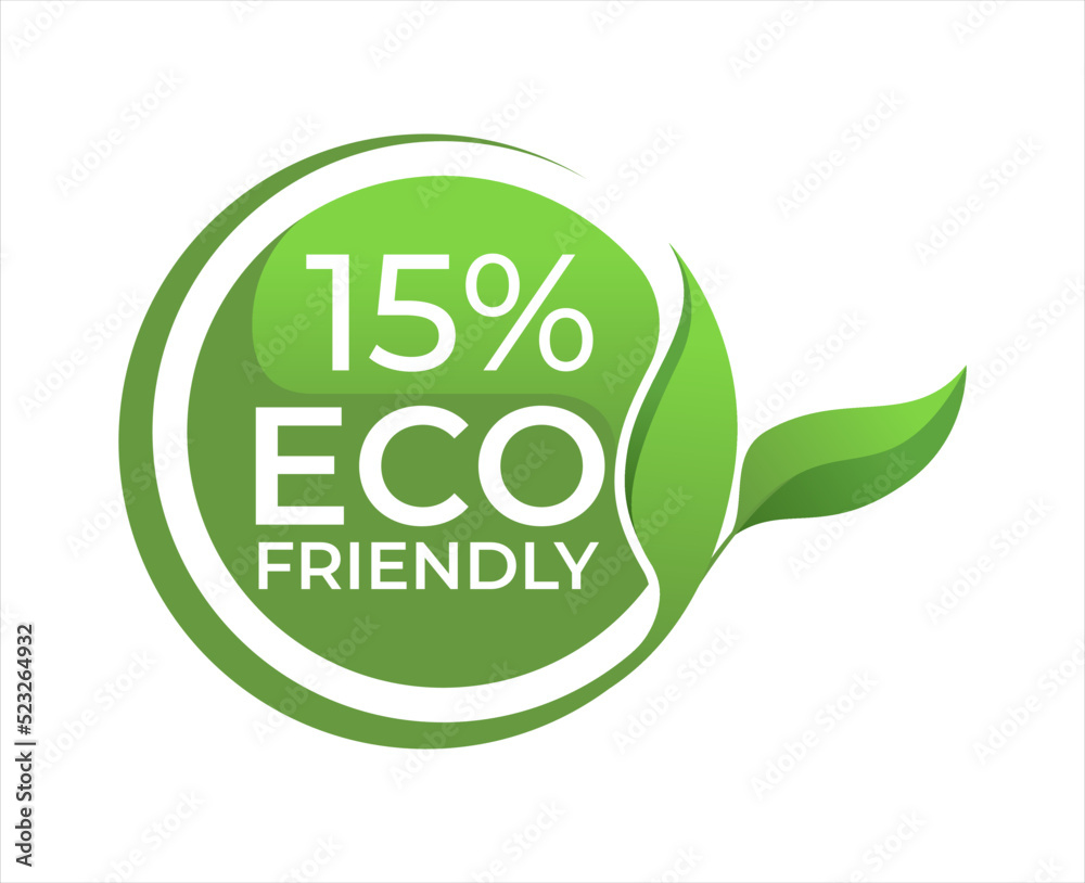 15% Eco friendly circle label sticker Vector illustration with green organic plant leaves. Eco friendly stamp icon. 15% Eco friendly circle label sticker Vector illustration with green organic plant leaves. Eco friendly stamp icon.