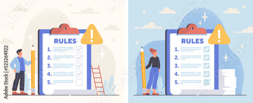 Rules and regulations document for employees. Set of man and woman write list of corporate compliance for office staff or colleagues. Legal Guidance. Cartoon contemporary flat vector collection