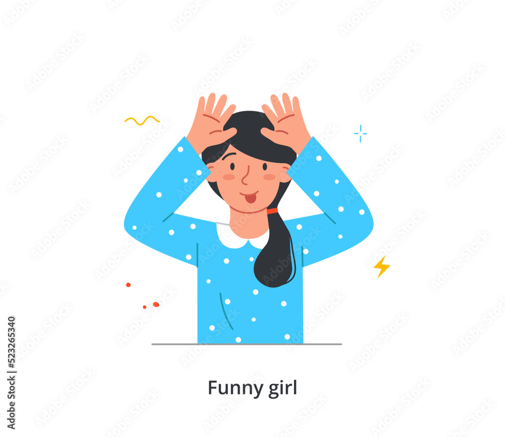 Happy kid raising and waving hands. Funny girl makes grimaces and shows her tongue. Cute positive child teases peers and friends. Active preschooler. Cartoon flat vector illustration in doodle style Happy kid raising and waving hands. Funny girl makes grimaces and shows her tongue. Cute positive child teases peers and friends. Active preschooler. Cartoon flat vector illustration in doodle style