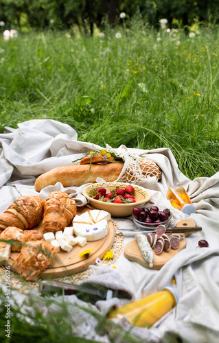 Picnic in the field with berries, juice, cheese, sausage and sweet croissants