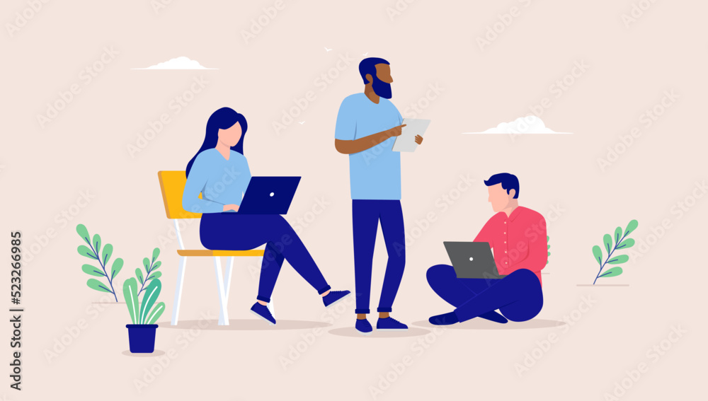 People working - Team of three diverse people in casual clothing doing computer work and concentrating. Flat design vector illustration