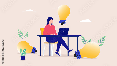 Entrepreneur woman idea - Female person working on great ideas alone sitting at desk with laptop computer with light bulb over her head. Flat design vector illustration