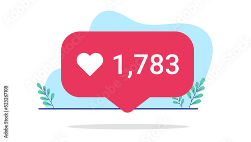 Social media likes - Red SOME notification showing many likes with heart symbol and big random number. Flat design vector illustration with white background