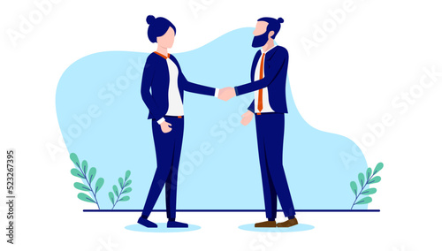 Handshake between businessman and businesswoman - Man and woman shaking hands over business deal and agreement. Flat design vector illustration with white background