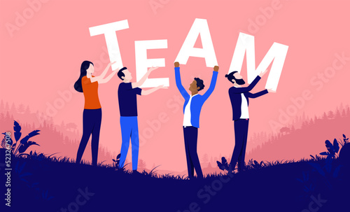 Business team - Businesspeople in casual clothes being great and working together holding up big word. Teamwork concept, flat design vector illustration