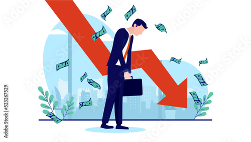 Economic recession - Businessman losing money in financial crisis and falling economy. Flat design vector illustration with white background
