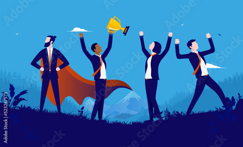 Team building - Great strong business team winning, cheering and being happy outdoors. Flat design vector illustration with blue background