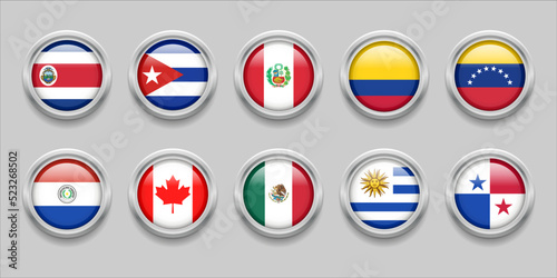 America Continent Flags Set Collection 3D round flag, badge flag, Costa Rica, Cuba, Mexico, Canada, Colombia, Panama, Paraguay, Peru, Uruguay, Venezuela © Bakemon