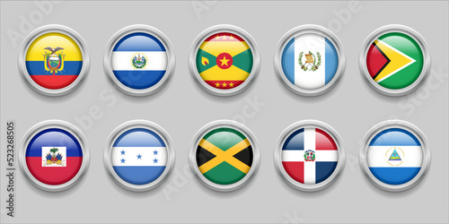 America Continent Flags Set Collection 3D round flag, badge flag, Ecuador, El Salvador, Grenada, Guatemala, Guyana, Haiti, Honduras, Jamaica, Republic, Dominica, Nicaragua