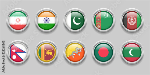 SOUTH ASIA Flags Set Collection 3D round flag, badge flag, Sri Lanka, Bangladesh, India, Afghanistan, Pakistan, Bhutan, Nepal, Iran and Maldives, Turkmenistan