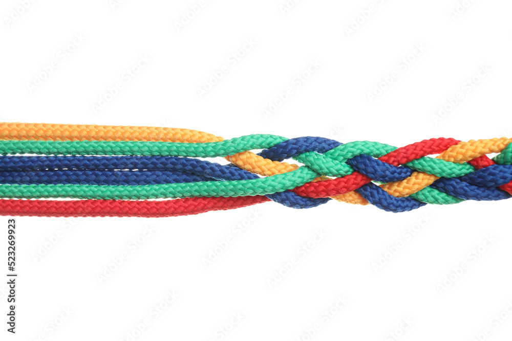 Braided colorful ropes isolated on white. Unity concept Braided colorful ropes isolated on white. Unity concept