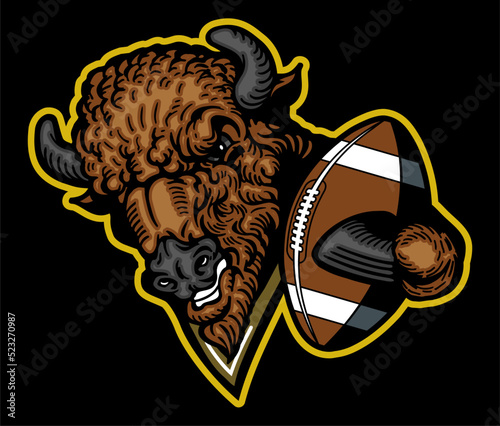 mean buffalo mascot holding football for school, college or league