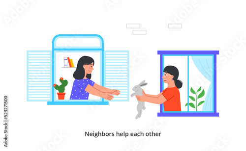 Concept of good neighborhood. Young smiling woman give her friend cute rabbit through open window of house. Good neighbors help and support each other. Cartoon flat vector illustration in doodle style
