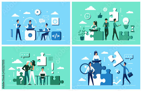 Cooperation and teamwork of business people set. Cartoon businessman building partnership and unity together with team of employees, workflow with puzzle flat vector illustration. Challenge concept