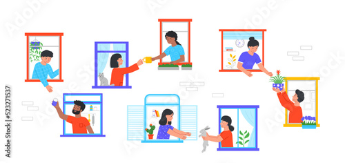 Concept of good neighborhood. Set of men and women sharing various things with each other through open windows of house. Good neighbors. Cartoon flat vector collection isolated on white background