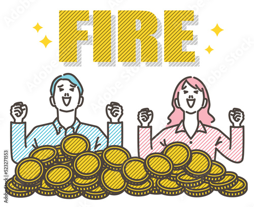 Vector illustration of a young man and woman's upper body, happy to be buried in money, concept for FIRE