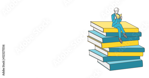 A young male businessperson is reading a book. Next to him is a copy space. [Vector illustration material]