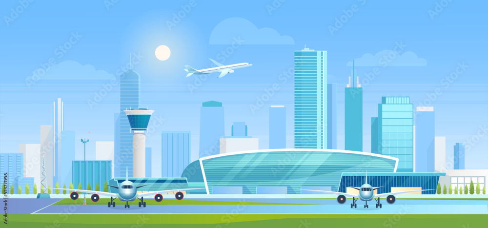 Cartoon urban panorama cityscape with airlines architecture, aircrafts on runway, towers of business skyscrapers background. Airport terminal with airplanes, modern city skyline vector illustration.