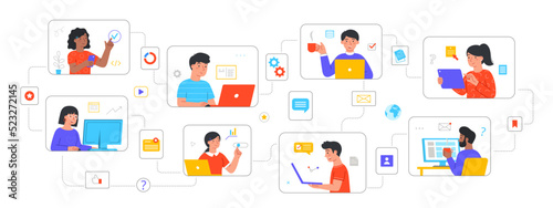 Team communication and project management concept. Young male and female employees organize remote workflow. Online meeting or video conference with colleagues. Cartoon flat vector illustration