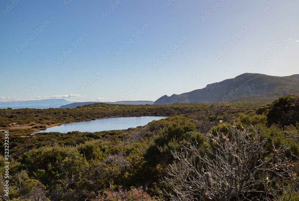beautiful landscape from Tasman national park at the peninsula of Tasmania Australia of the lake on the way of Cape Raoul