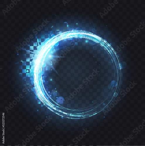 Magic glowing round lines with sparkling glitter particles, flare lens shimmer on transparent dark background. Blue neon luminous spark ring portal, abstract light frame effect vector illustration