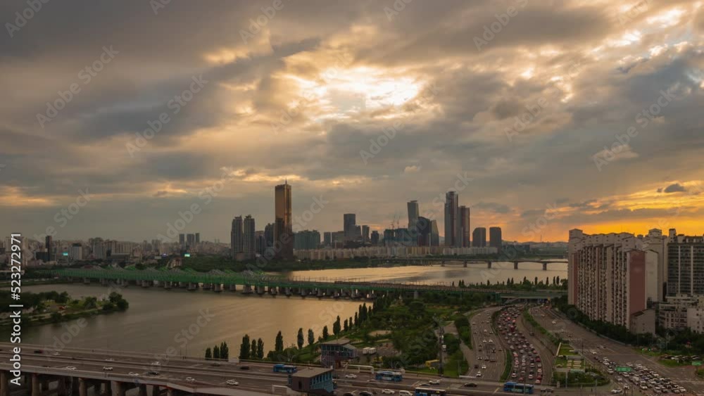 Aerial view of downtown Seoul City. South Korea.during twilight with cars moving in traffic on road and Clouds moving beautiful.(time lapse Zoom in) Aerial view of downtown Seoul City. South Korea.during twilight with cars moving in traffic on road and Clouds moving beautiful.(time lapse Zoom in)