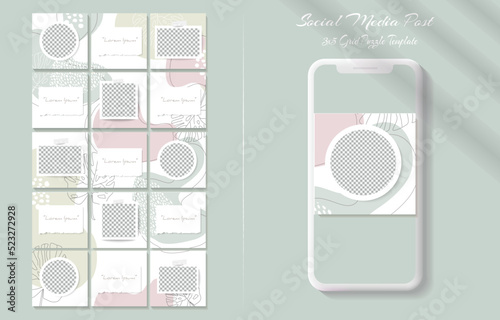 Social media feed post template set in grid puzzle style with organic shape background