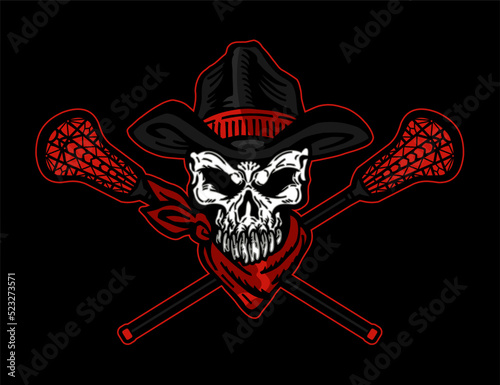 outlaw skull mascot with crossed lacrosse sticks for school, college or league