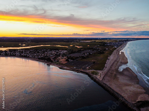 Aerial sunset on a beach in New England