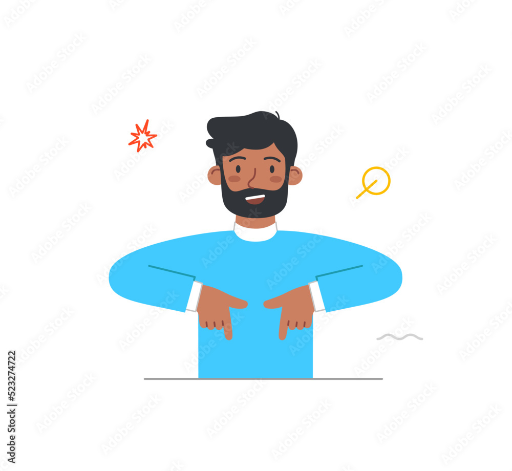 Person pointing their fingers. Bearded man points with hands or palms at something from below. Smiling character uses gestures to attract customers. Cartoon flat vector illustration in doodle style Person pointing their fingers. Bearded man points with hands or palms at something from below. Smiling character uses gestures to attract customers. Cartoon flat vector illustration in doodle style
