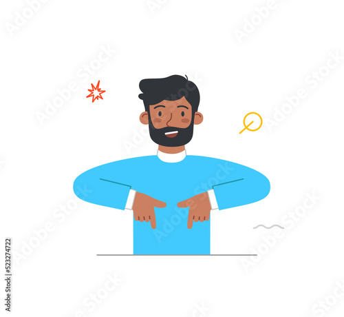 Person pointing their fingers. Bearded man points with hands or palms at something from below. Smiling character uses gestures to attract customers. Cartoon flat vector illustration in doodle style