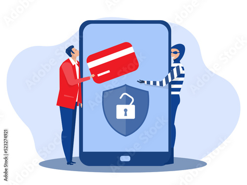Cybersecurity from hackers,Digital money theft attacks male client applications; get credit card. Phishing and bank fraud. Vector illustration.