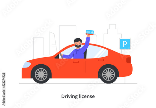 Education process in driving school. Bearded man gets driver license or certificate and drives car around city. Happy smiling character passes exam. Cartoon flat vector illustration in doodle style © Rudzhan