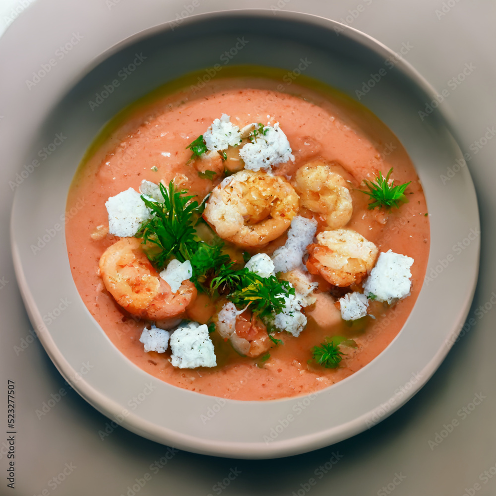 Hot Tomato soup with shrimp. Seafood creamy soup with goat cheese, olive powder, wild shrimps on bowl plate at wooden table, top view, close-up. Delicious vegetarian diet food - obrazy, fototapety, plakaty 