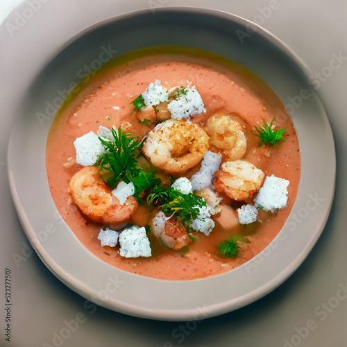 Hot Tomato soup with shrimp. Seafood creamy soup with goat cheese, olive powder, wild shrimps on bowl plate at wooden table, top view, close-up. Delicious vegetarian diet food
